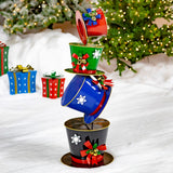 40 inch iron tower of stacked top hats hand painted glossy blue with snowflakes, metal bow, and bells