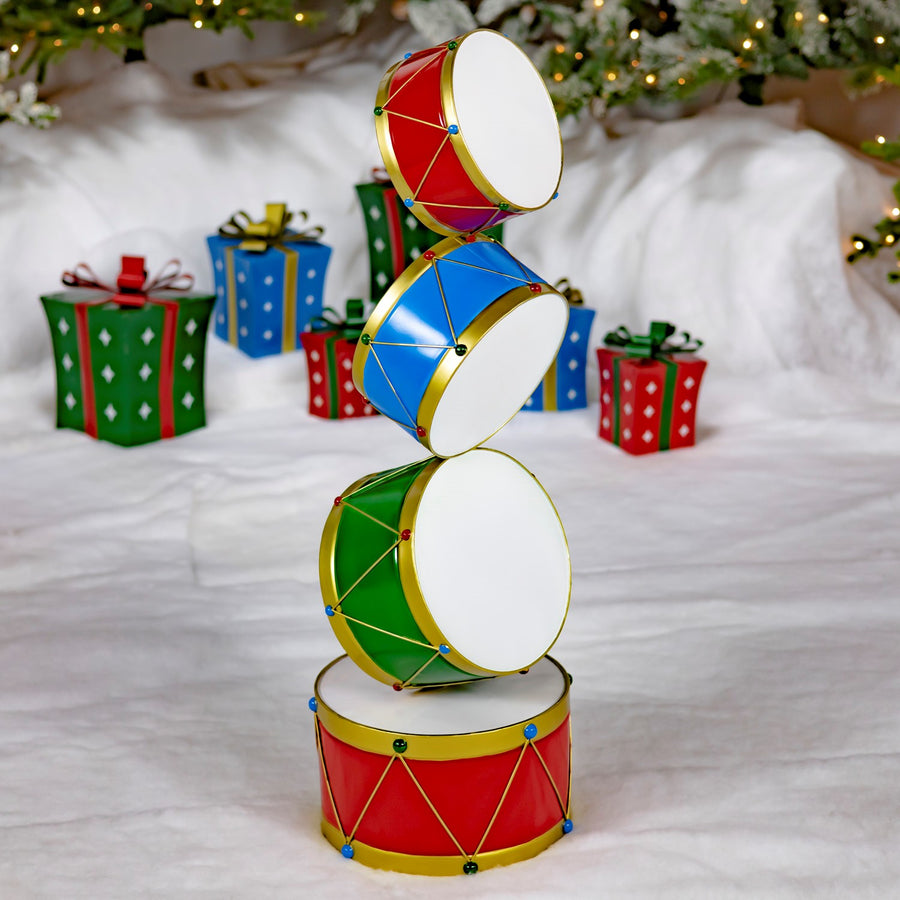 43 inch iron Christmas drum display tower hand painted red, white, blue, and green with gold trim