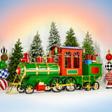 12.5 ft iron Christmas train locomotive and cart in deep green with red and gold accents and four lanterns