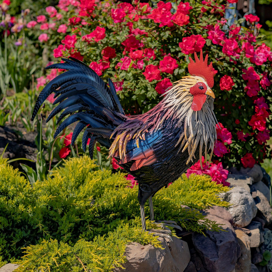Hand painted iron rooster garden statue in glossy multicolor with pliable metal feathers