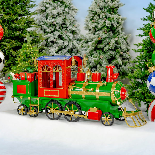5.85 ft hand painted iron Christmas train with cart and two lanterns in deep green, red, and gold