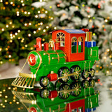 17" Long Iron Tabletop Christmas Train Decoration "Special Delivery" hand painted iron train with cobalt blue starred roof and gift boxes