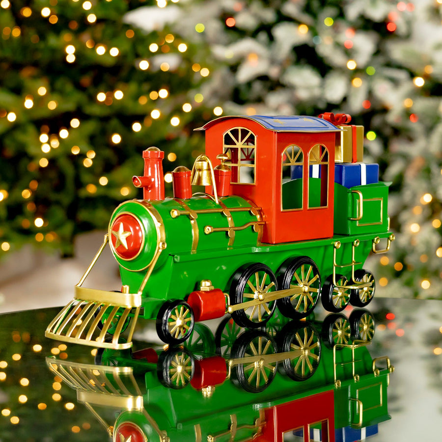17" Long Iron Tabletop Christmas Train Decoration "Special Delivery" hand painted iron train with cobalt blue starred roof and gift boxes
