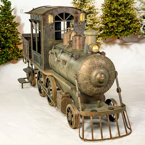 12.5 ft antique bronze iron Christmas train locomotive with cart and lanterns