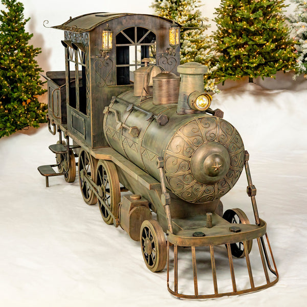 12.5 ft antique bronze iron Christmas train locomotive with cart and lanterns