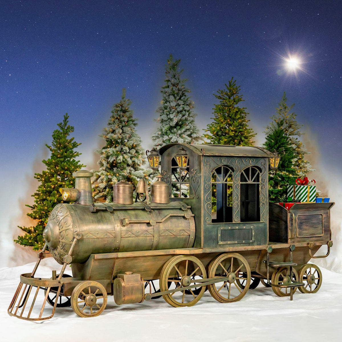 16 ft antique bronze iron Christmas train with cart, four lanterns, and LED lights
