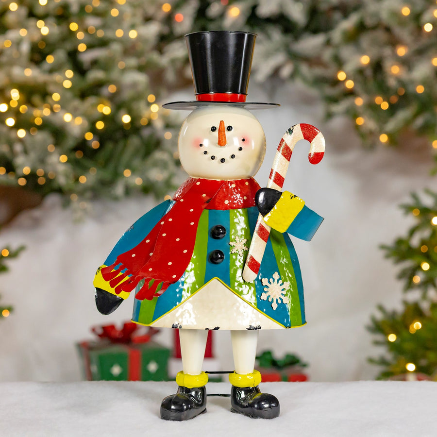 25.5 inch hand painted iron snowman figurine in a top hat and scarf holding a candy cane, distressed finish