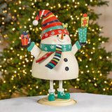 27" Tall Iron Snowman Holding Presents Figurine "Tsugo-Bugo" hand painted iron holiday figurine on round base