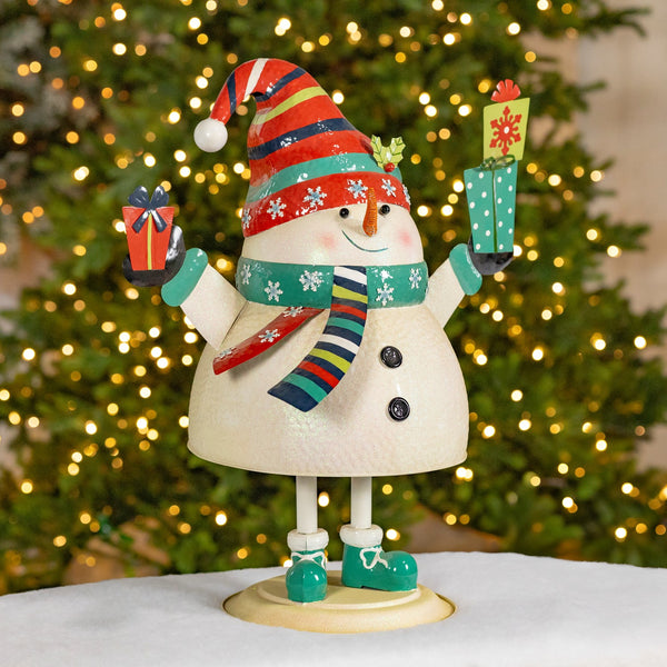 27" Tall Iron Snowman Holding Presents Figurine "Tsugo-Bugo" hand painted iron holiday figurine on round base