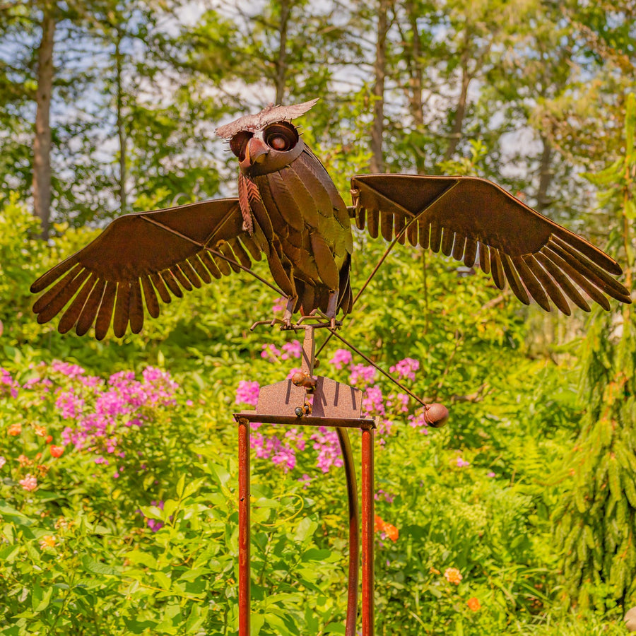 58 inch metal owl rocking garden stake Wendy in antique rust-bronze finish
