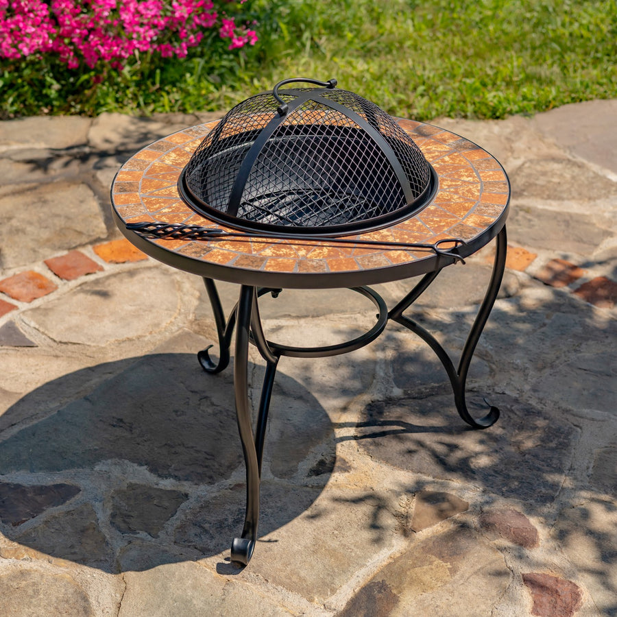 24.8"D. Round Mosaic Tile Metal Fire Pit "Shenandoah" mosaic tile wood burning fire pit