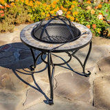 24.8"D. Round Mosaic Tile Metal Fire Pit "Grey Rocks" mosaic tile wood burning fire pit