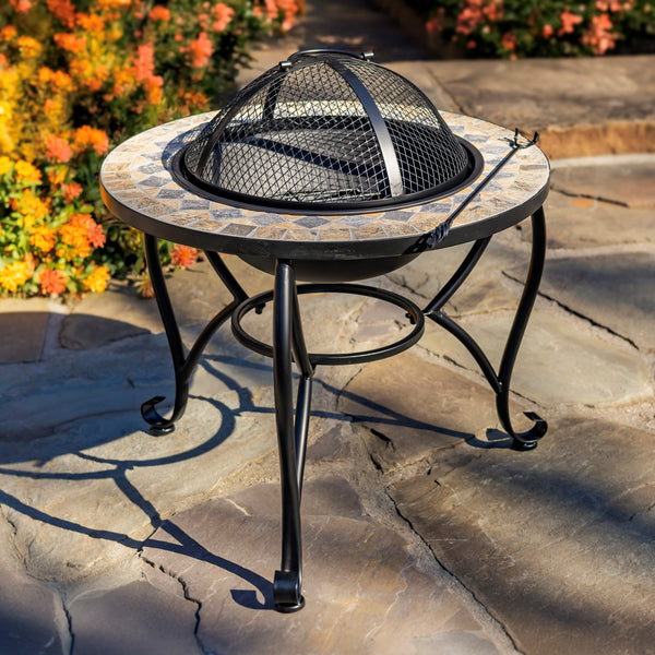 24.8"D. Round Mosaic Tile Metal Fire Pit "Medora" mosaic tile wood burning fire pit