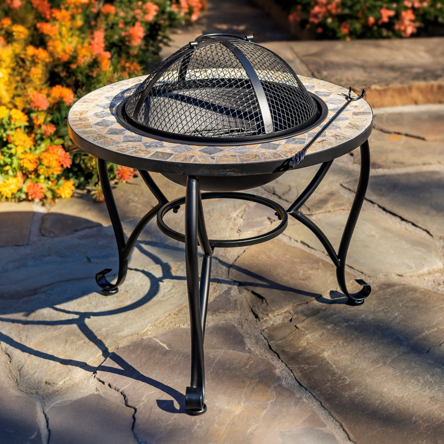 24.8"D. Round Mosaic Tile Metal Fire Pit "Medora" mosaic tile wood burning fire pit