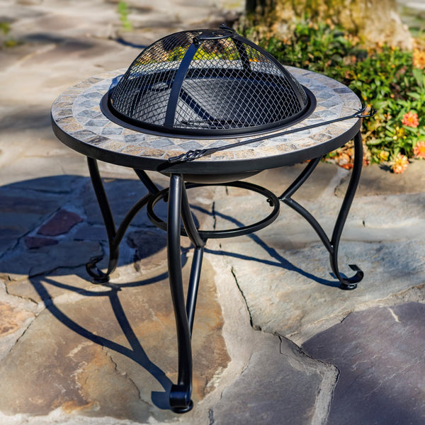 24.8"D. Round Mosaic Tile Metal Fire Pit "St. Augustine" mosaic tile wood burning fire pit