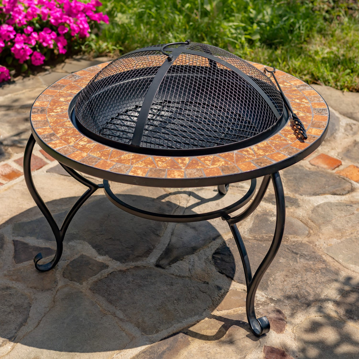 32.6"D. Round Mosaic Tile Metal Fire Pit "Shenandoah" mosaic tile wood burning fire pit