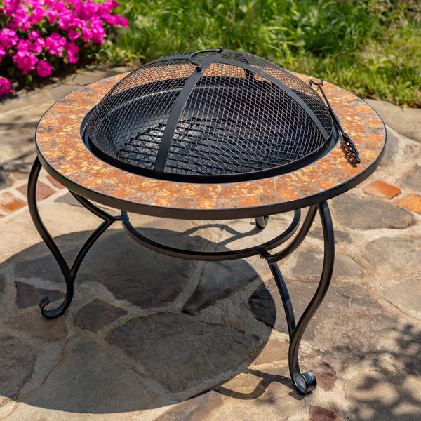 32.6"D. Round Mosaic Tile Metal Fire Pit "Shenandoah" mosaic tile wood burning fire pit