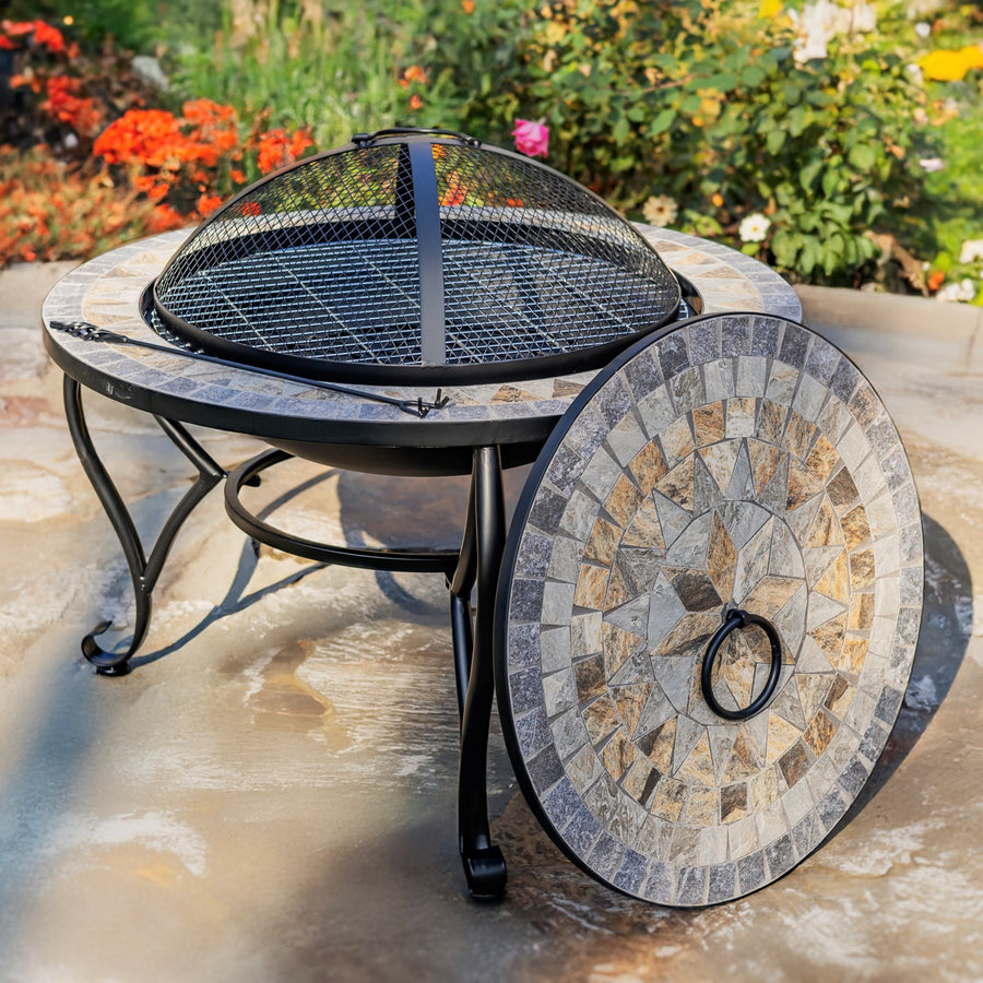 32.6"D. Round Mosaic Tile Metal Fire Pit "Grey Rocks" mosaic tile wood burning fire pit