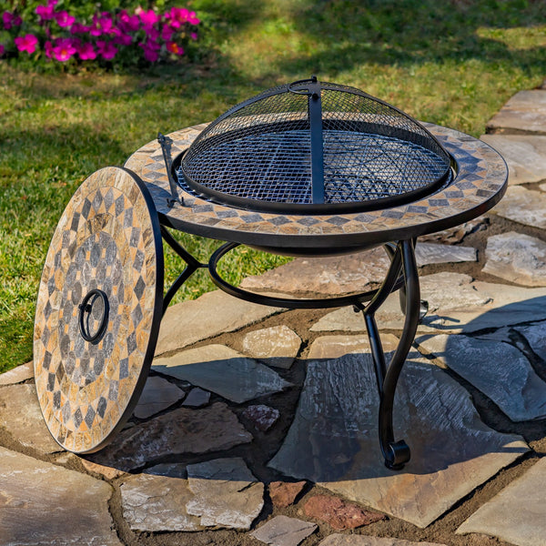 32.6"D. Round Mosaic Tile Metal Fire Pit "Medora" mosaic tile wood burning fire pit