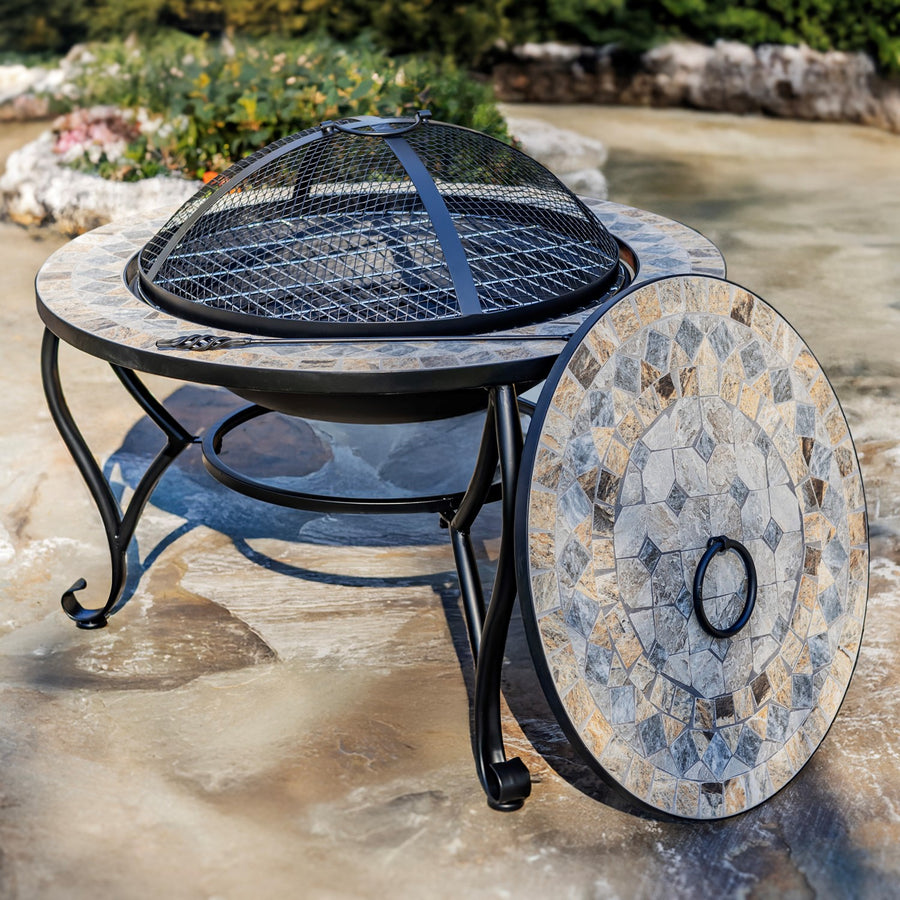 32.6"D. Round Mosaic Tile Metal Fire Pit "St. Augustine" mosaic tile wood burning fire pit