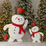 Set of 2 hand painted white and red iron snowmen with warm white LED buttons, 34 and 20 inches tall