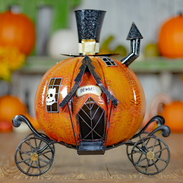 Haunted forest metal Halloween pumpkin carriage candleholder, hand painted orange and black
