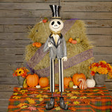 54.25 inch iron skeleton gentleman holding a spider web umbrella, distressed black and white hand painted finish