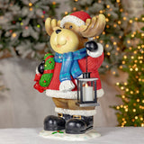 24.2 inch hand painted polyresin Christmas moose with wreath and lantern with faux electric candle
