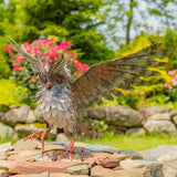 Soaring metal great horned owl garden statue in a black-grey matte finish