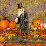 25.5 inch hand painted iron vulture Vesper in a top hat holding a pumpkin cane, black and white distressed finish