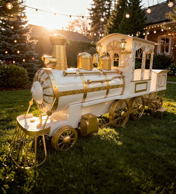 16 ft white and gold iron Christmas train with cart, four lanterns, and LED lights