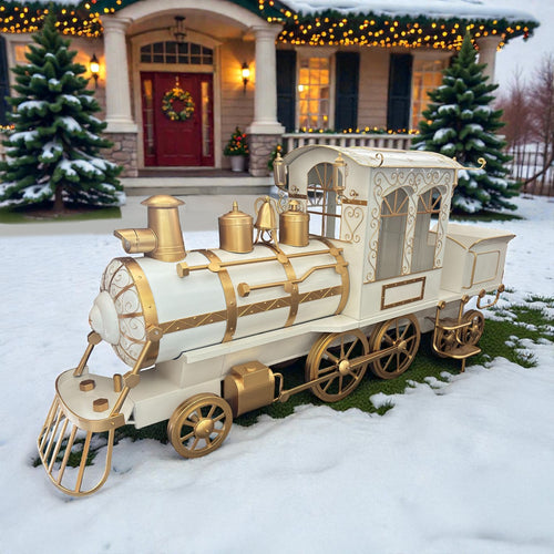 12.5 ft white and gold iron Christmas train locomotive with cart and lanterns