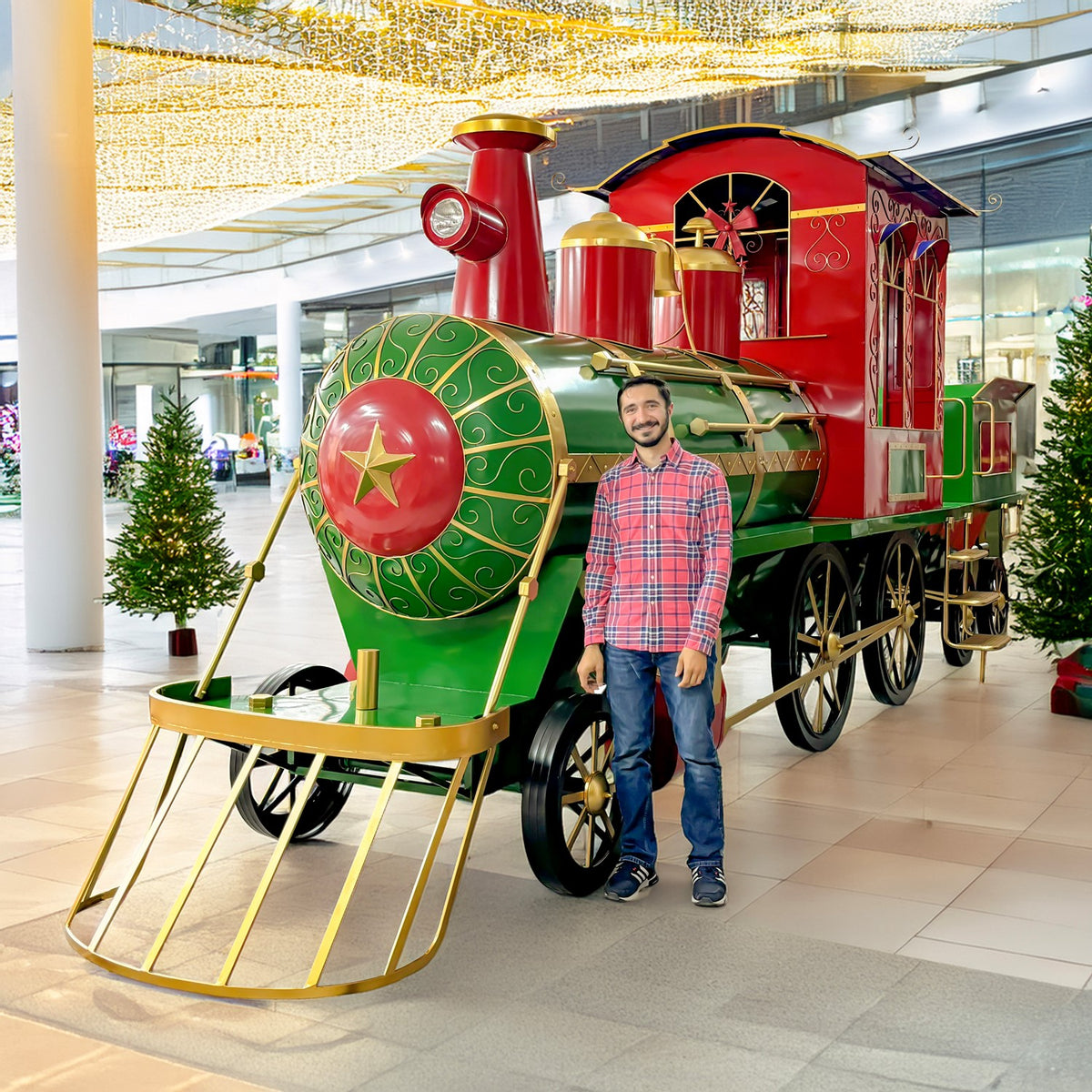 27 ft giant iron Christmas train with cart and LED lanterns in distressed green, red, and gold