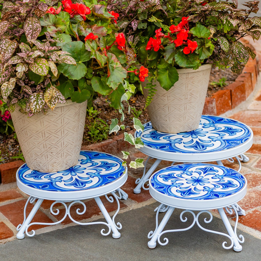Catalonia Set of 3 Assorted Mosaic Plant Stands "Écusson", set of three mosaic top plant stands