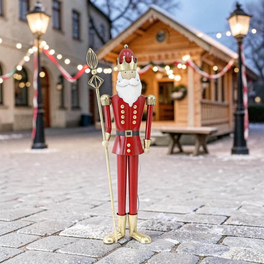 Tall iron Christmas king figurine hand painted red, white, and gold holding a gold staff