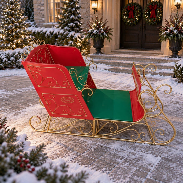 Victorian style iron Christmas sleigh hand painted glossy red and green with gold scrollwork