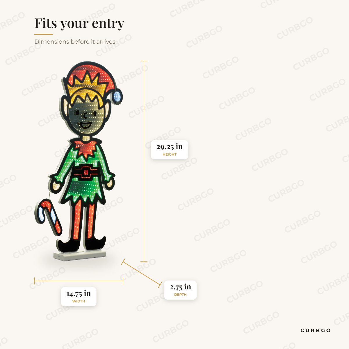 Lighted Christmas Elf 29 in dimensions: 29.25 in H x 14.75 in W x 2.75 in D