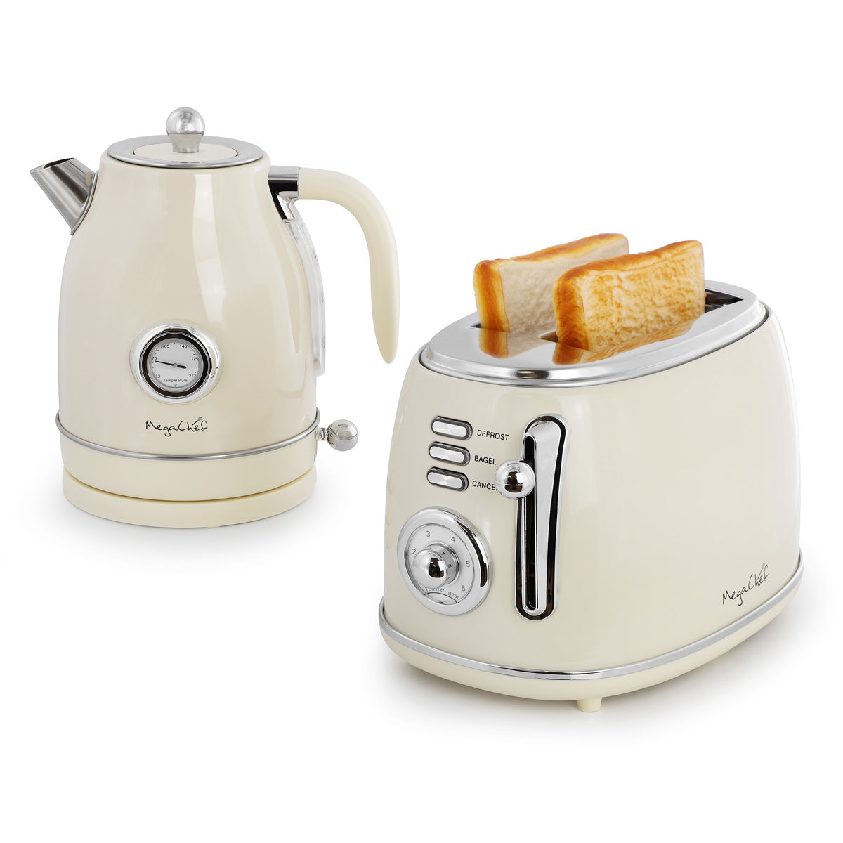 MegaChef retro electric kettle and 2-slice toaster set in gloss cream with silver accents