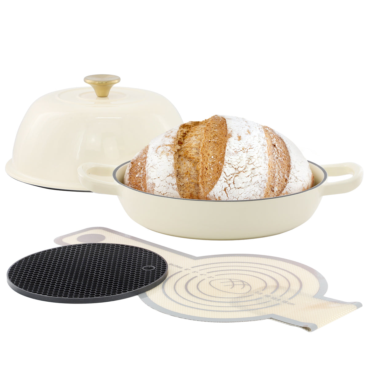 MegaChef 6 quart round enameled cast iron bread oven in cream with high dome lid, silicone baking mat and silicone trivet