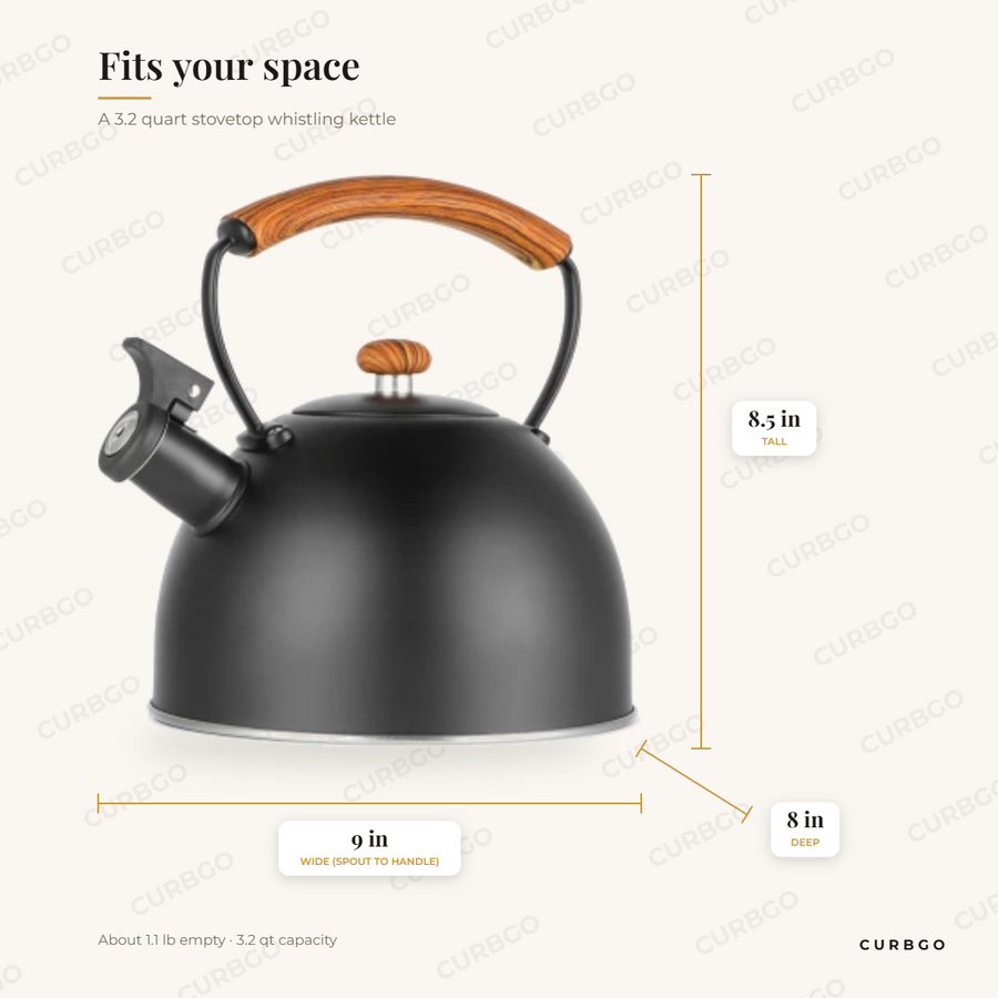 MegaChef MGKTL-375BLK whistling tea kettle dimensions: 9 in wide x 8 in deep x 8.5 in tall, about 1.1 lb, 3.2 quart capacity