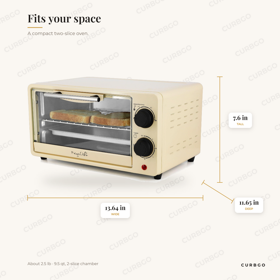 MegaChef MCOV-1200CR 9.5-quart cream toaster oven dimensions: 13.64 in W x 11.65 in D x 7.6 in H, about 2.5 lb, 2-slice capacity