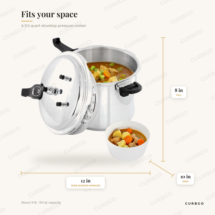 MegaChef MC-9500 stovetop pressure cooker dimensions: 12 in wide x 10 in deep x 8 in tall, about 9 lb, 9.5 quart capacity