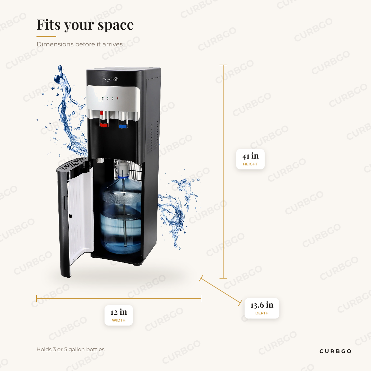 MegaChef Black Dispenser dimensions: 12 in wide, 41 in tall, 13.6 in deep, Holds 3 or 5 gallon bottles