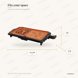 MegaChef 18.89 inch copper-coated electric griddle dimensions: 21.75 in W x 12 in D x 3 in H, about 5 lb, 18.89 x 10.24 in cooking surface