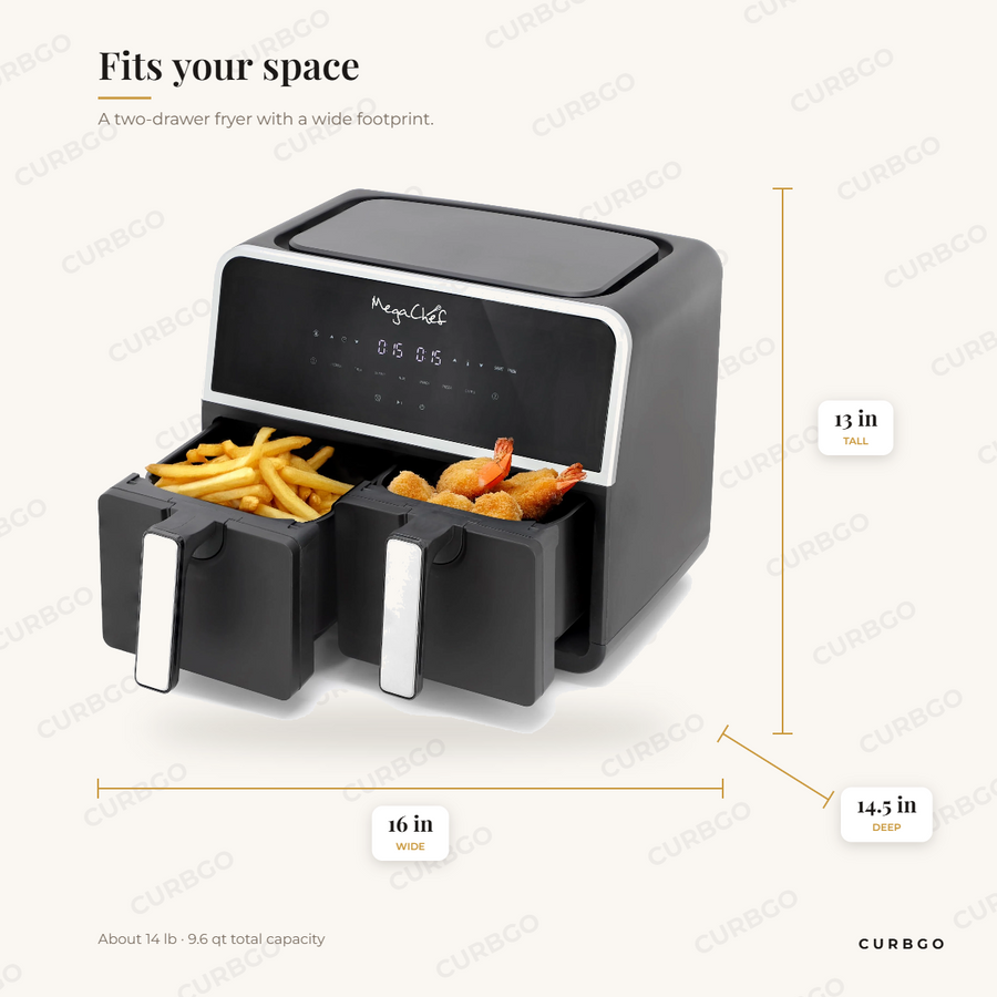 MegaChef dual basket 1700W digital air fryer dimensions: 16 in W x 14.5 in D x 13 in H, about 14 lb, 9.6 quart total capacity