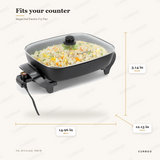 MegaChef Electric Fry Pan dimensions: 12.13 in wide, 3.14 in tall, 14.96 in deep