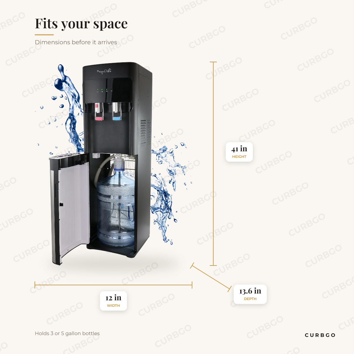 MegaChef Silver Dispenser dimensions: 12 in wide, 41 in tall, 13.6 in deep, Holds 3 or 5 gallon bottles