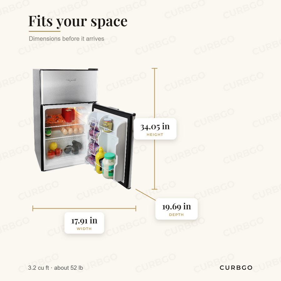 MegaChef MCR-D89 compact refrigerator dimensions: 34.05 in tall, 17.91 in wide, 19.69 in deep, 3.2 cu ft, about 52 lb