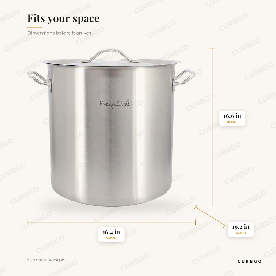 MegaChef 52.8-Qt Stock Pot dimensions: 16.4 in wide, 16.6 in tall, 19.2 in deep, 52.8 quart stock pot