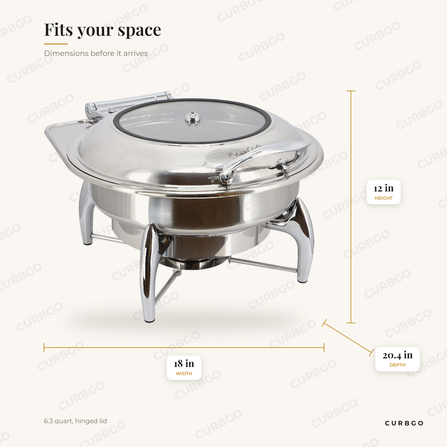MegaChef Round Chafer, Hinged dimensions: 18 in wide, 12 in tall, 20.4 in deep, 6.3 quart, hinged lid